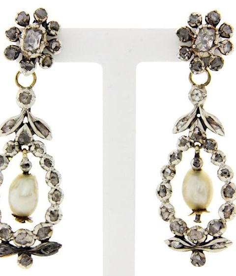 Vintage Sterling Silver Stud Earrings with Rose Cut Diamond and Pearl